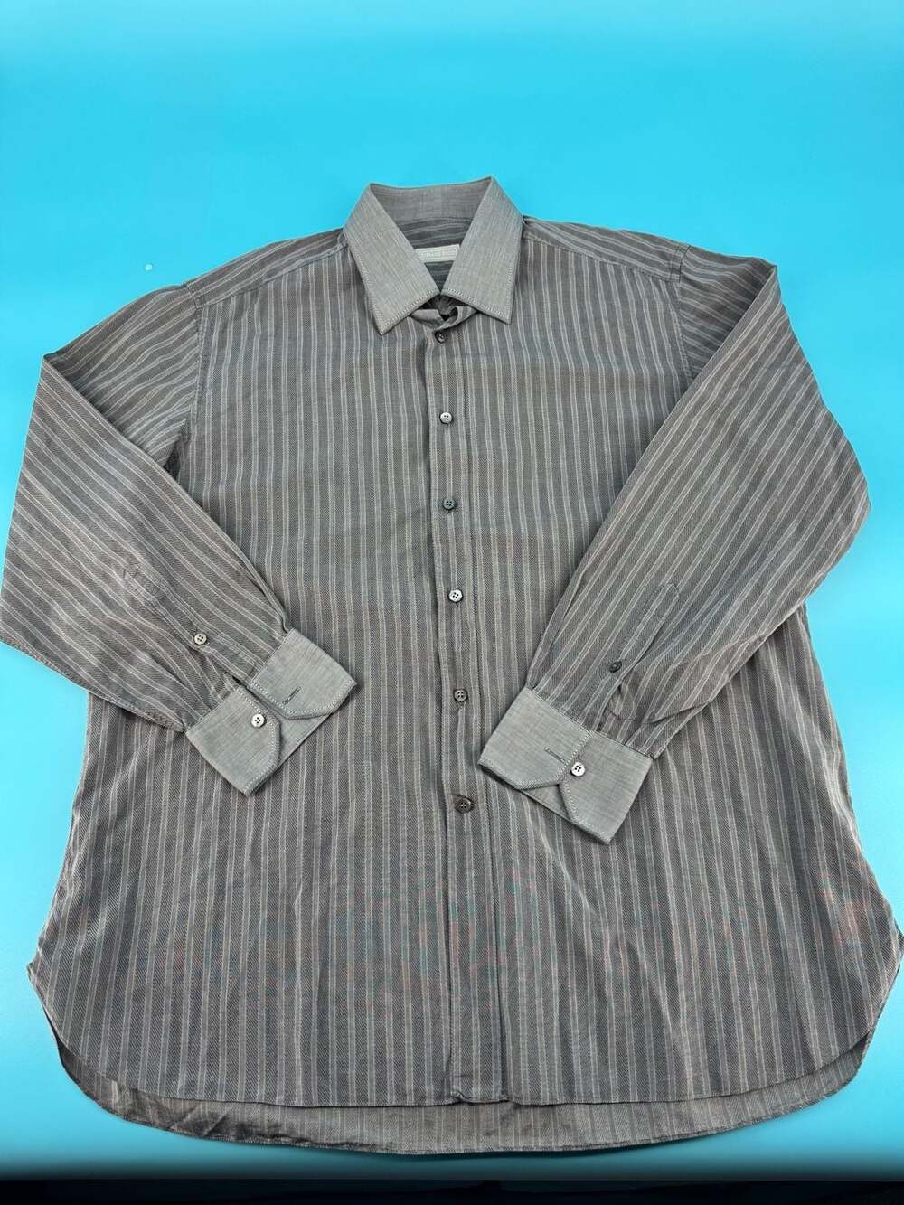Stefano Ricci Mens Gray Pinstripe Long Sleeve Button Up Dress Shirt